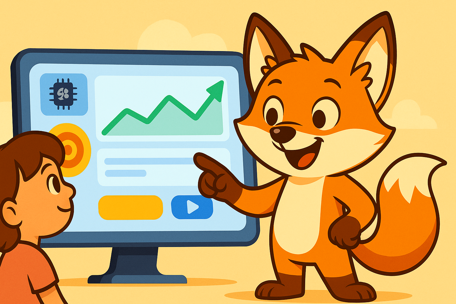 Ilustración de la mascota de FoxMind con un gráfico de IA